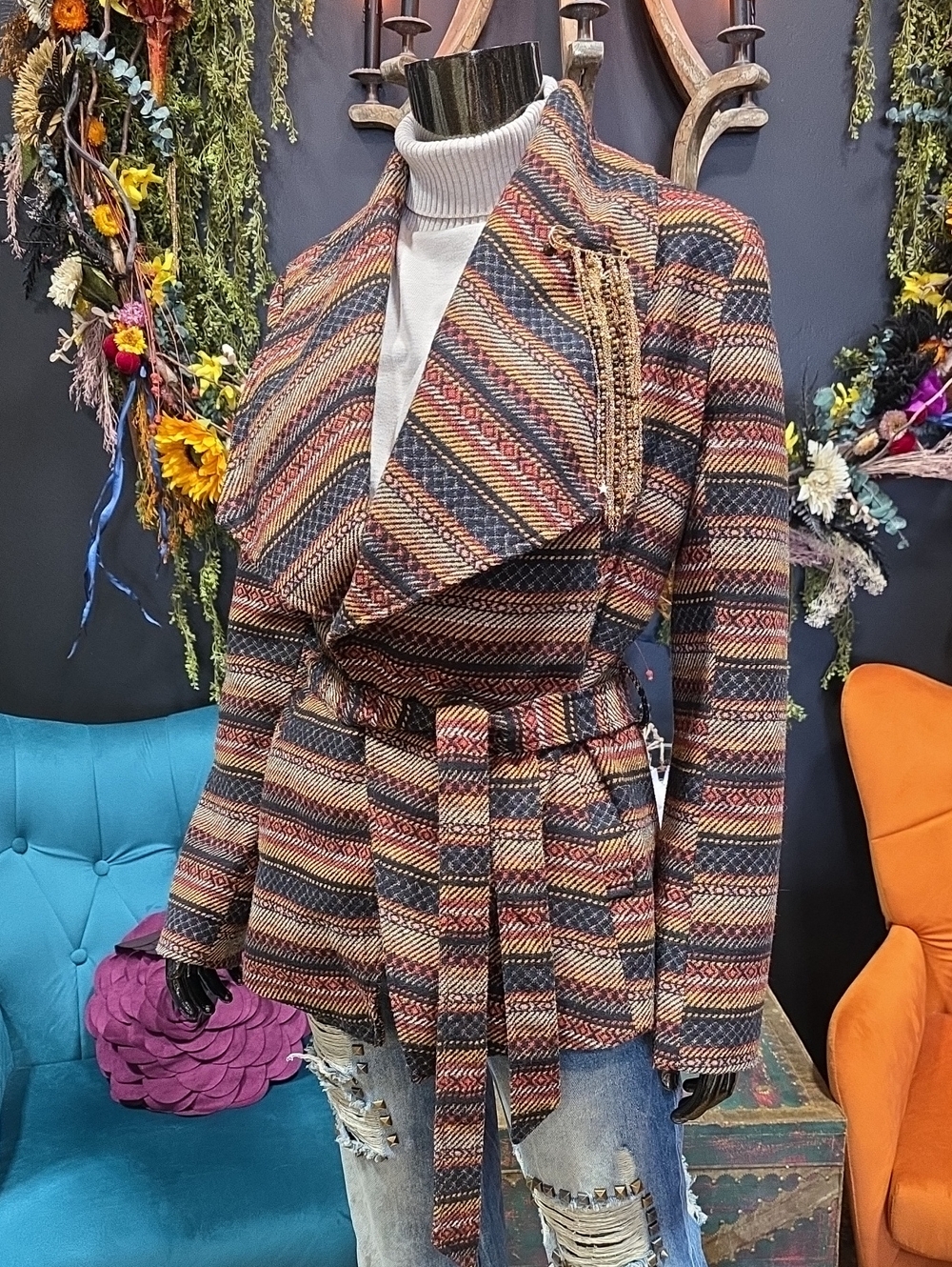 Jack Belted Blazer Coat in Multicolor Embroidered Patterns.